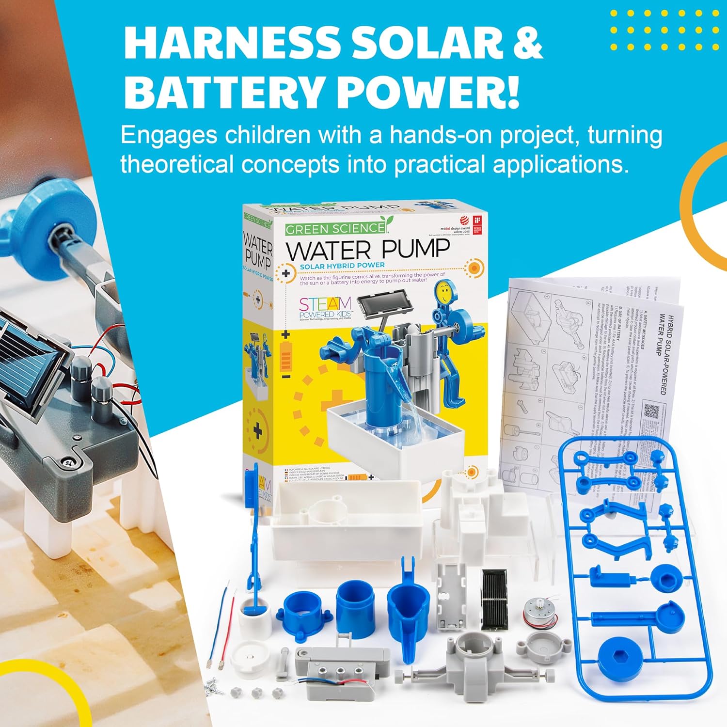Green Science - Hybrid Solar Power Water Pump - Dual Power STEM Toys Educational Kit for Kids - Solar and Battery Operated Pumping System - Solar Robot - DIY Science Experiment Toy for Learning & Fun