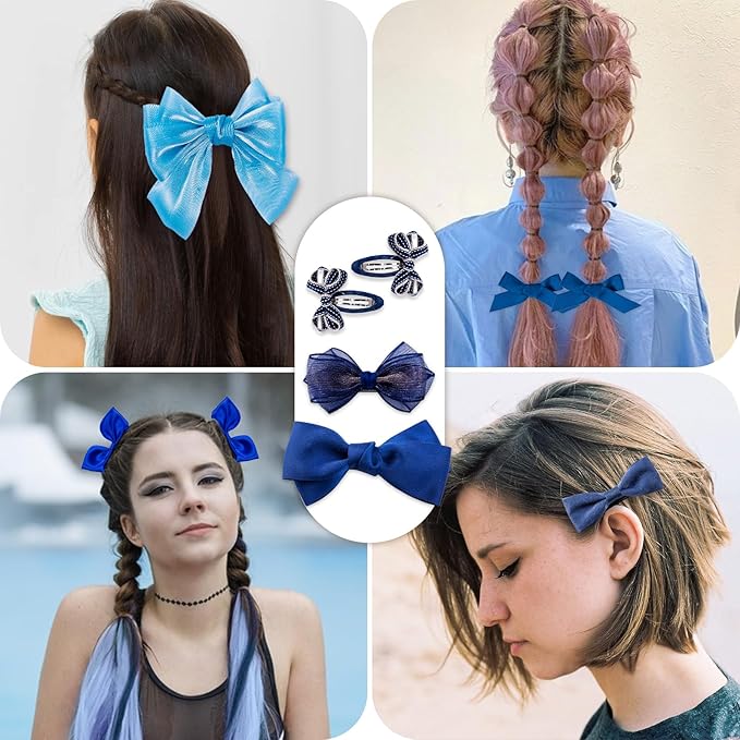 18pcs Blue Hair Bows for Girls,Toddlers,Teens,Women.Fully Lined Alligator Hair Clips,Cute Hair Ties,Non-slip Snap Hairpins,Handmade Hair Accessories Gift Set