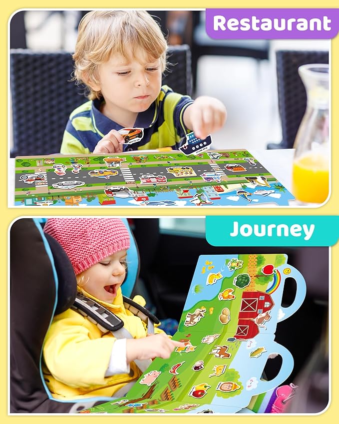 Benresive Reusable Sticker Books for Kids 2-4, Sticker Books for Toddlers 1-3 2-4, Toddler Travel Toys Activities Crafts Gifts - Farm, Space and Vehicle