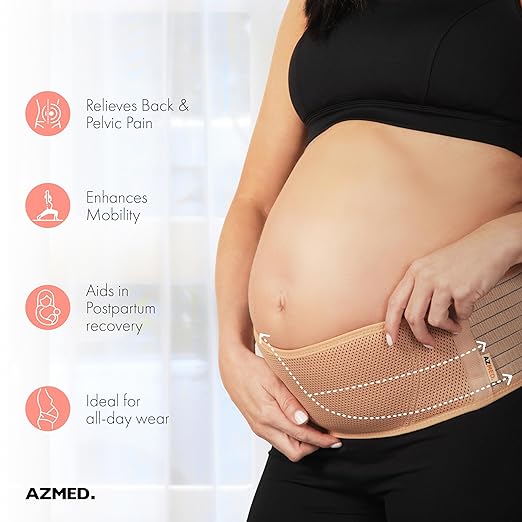 AZMED Maternity Belt Back Support - Adjustable Abdominal Binder for Pregnancy - Belly Band for Pelvic, Waist & Lower Back Comfort - Fits Up to 46 Inches - Beige