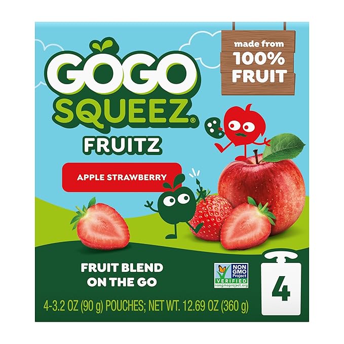 GoGo squeeZ Applesauce and Fruit Puree, Apple Strawberry, 3.2 oz (Pack of 48), Unsweetened Fruit Snacks for Kids, Gluten Free, Nut Free, Recloseable Cap, BPA Free Pouches (Packaging May Vary)
