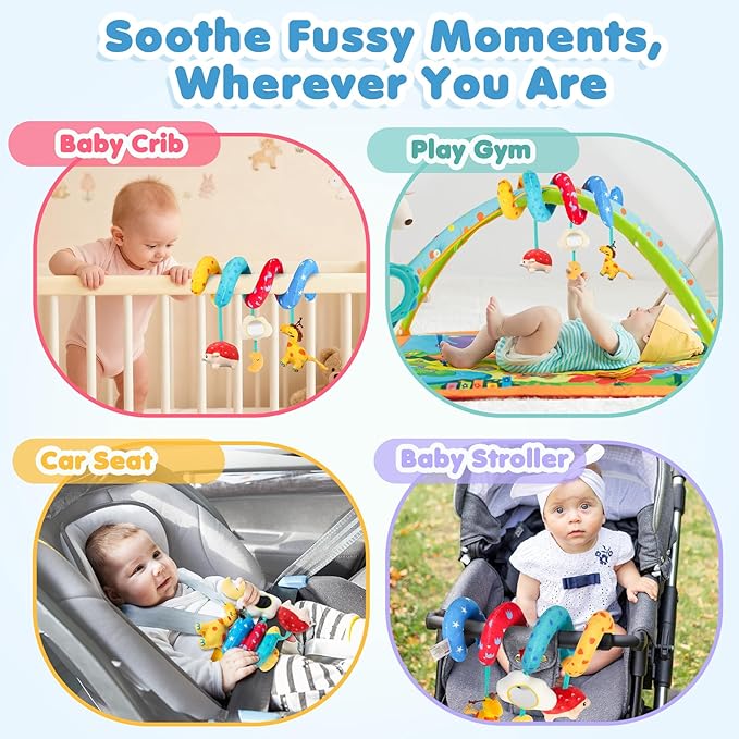 URMYWO Spiral Car Seat Toys for Babies 0-6 Months, Hanging Toy Fits Stroller, Developmental Sensory Baby Toy with Bell Crinkle Mirror, Baby Travel Gear Shower Gift for Boys Girls