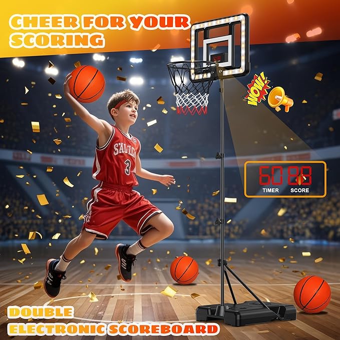 Kids Indoor Basketball Hoop with Scoreboard & Timer,Toddler Adjustable Height Basketball Goal Toy for Outdoor Backyard,Sports Game Play