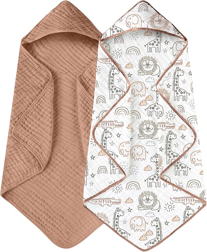 Yoofoss Hooded Baby Towels for Newborn 2 Pack 100% Muslin Organic Cotton Baby Bath Towel with Hood for Babies, Infant, Toddler and Kids, 32x32Inch, Soft and Absorbent Newborn Essential, Giraffe