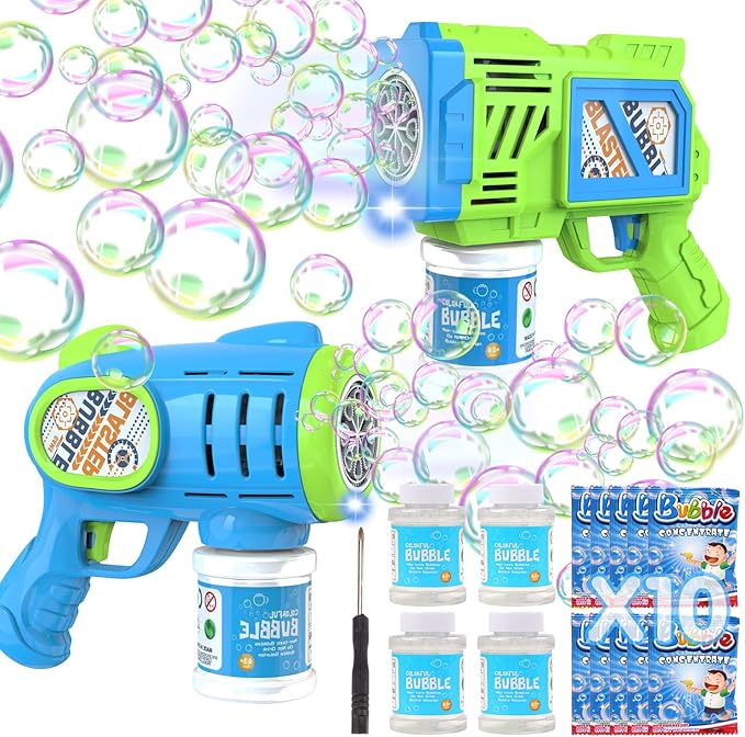 2 Pack Bubble Gun Machine for Kids, Automatic Light Up Bubble Blower with 4 Bottles 10 Bags Refill Solution Bubble Guns Blaster for Toddlers, Outdoor Toys Gifts Wedding Easter Party Favor