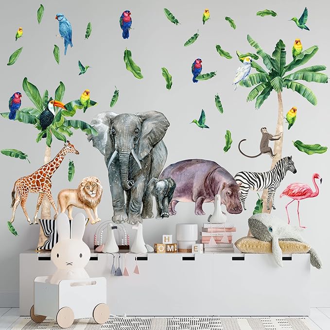 Safari Animal Wall Decals for Kids by Lipastick-Peel and Stick Jungle Stickers Giraffe, Elephant, Hippo, Palm Tree, Parrot for Toddlers Room, Nursery, Playroom, Classroom, Daycare Decor Art- XXL