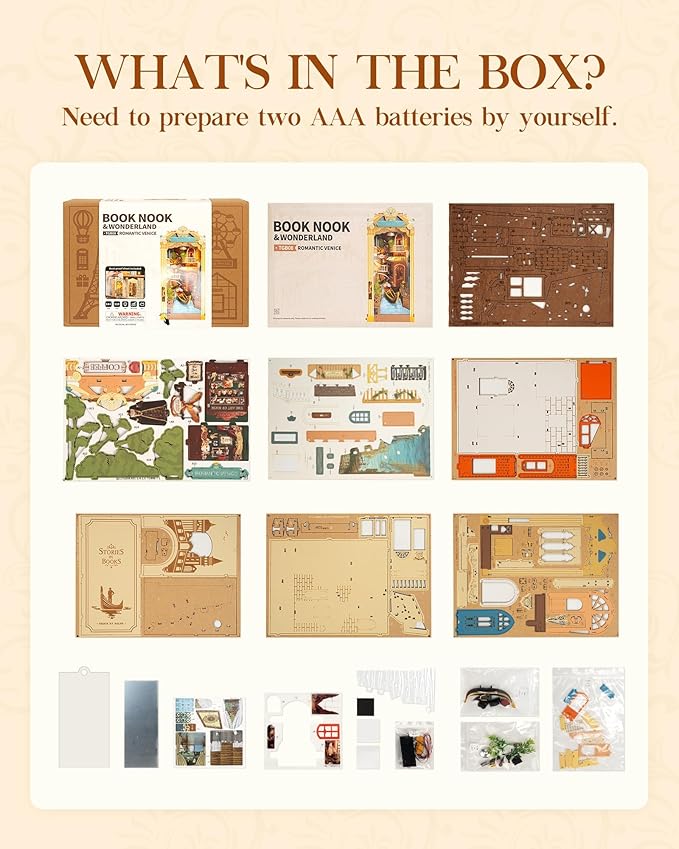 Rolife DIY Book Nook Kit for Adults, Miniature Dollhouse Booknook Kit, 3D Wooden Puzzle Creative Decorative Bookends Bookshelf Diorama Insert Crafts Hobbies Gifts (Romantic Venice)