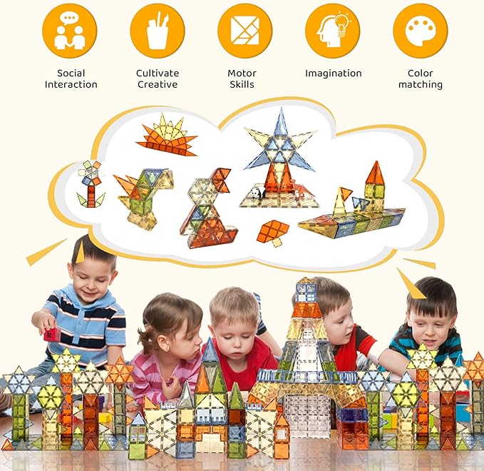 120 PCS Magnetic Tiles, Diamond Magnet Tiles with 2 Cars Magnetic Blocks STEM Toys 3D Kids Preschool Educational Sensory Toys Gift for Toddlers Kids Boys Ages 3 4 5 6 7 8 9+ Year Old