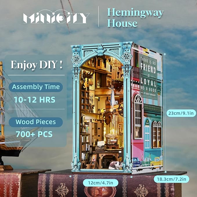 Book Nook Kit, DIY Miniature Dollhouse Booknook Kit, 3D Wooden Puzzle Bookend Bookshelf Insert Decor with LED Light for Teens and Adults(Hemingway House)