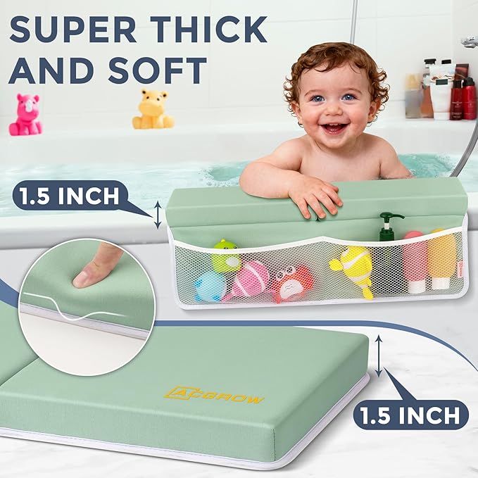 Bath Kneeler and Elbow Rest Pad Set - Comfortable 1.5” Thick Baby Bath Kneeler Pads with Toys Organizer, Non-Slip Knee Arm Support Bathtub Mat, Quick-Drying Kneeling Pad for Baby Bath Time