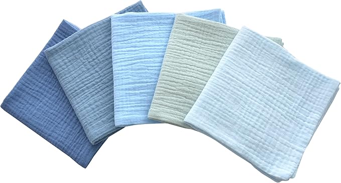 MUKIN Baby Washcloths,Muslin Burp Cloths Towels for Newborns,Absorbent Cotton Bath Face Towel ，5 Pack, 12x12 Inches (Glacier Mist)