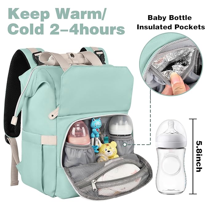 Jiefeike Diaper Bag Backpack,Green diaper bags for baby girl boy, girl diaper bag backpack, Insulated Pockets Portable toddler diaper bag with USB Charging Port, RFID Anti-Theft Pocket