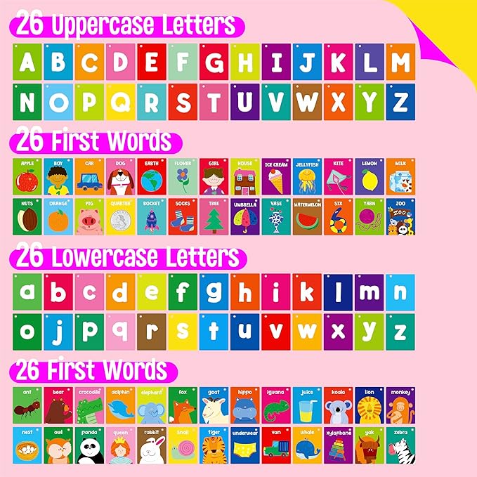 SpriteGru Alphabet Flash Cards, 52 Double Sided Cards, Uppercase & Lowercase Letter Cards, Letters and Sight Words Learning Cards for Preschool and Toddlers Learning