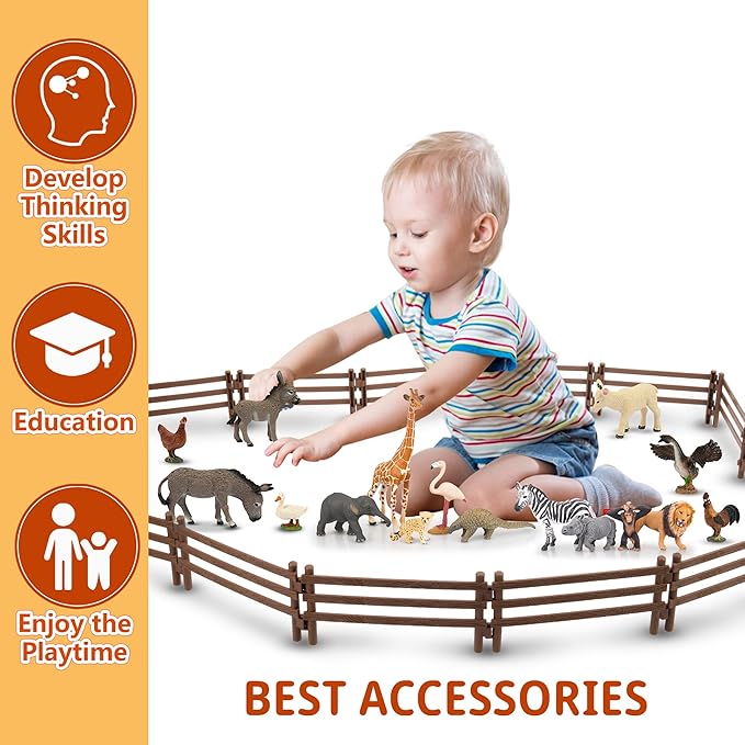 Toymany 24PCS Plastic Corral Fencing Playset Accessories for Farm Animals Figurines, Cake Toppers - Educational Gift for Kids and Toddlers