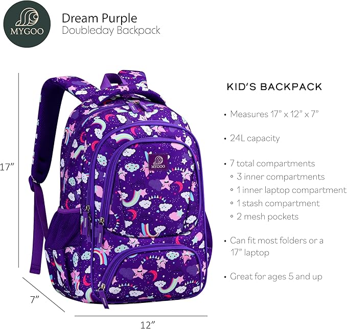 Girls Backpack - 17" Tall Large Elementary School Bag, Doubleday Collection, 24L Capacity, Dream Purple
