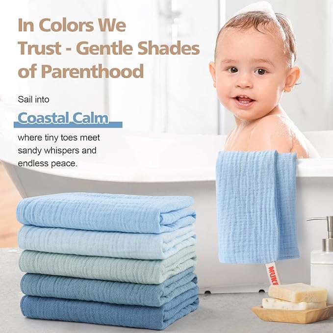 MUKIN Baby Washcloths,Muslin Burp Cloths Towels for Newborns,Absorbent Cotton Bath Face Towel ，5 Pack, 12x12 Inches (Glacier Mist)