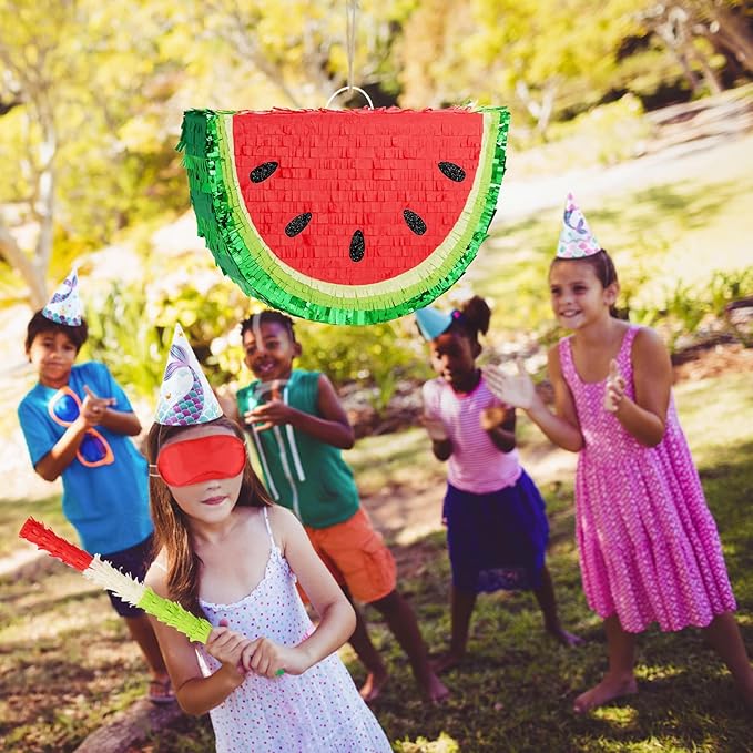 WERNNSAI Watermelon Piñata - Fruit Theme Summer Birthday Party Decorations Kids Fruit Pinata with Blindfold and Bat for Summer Tropical Party Supplies Fiestas Carnival Game