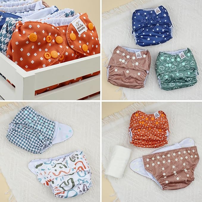 Mama Koala 3.0 Cloth Diapers for Babies with AWJ Lining, 6 Pack with 6 5-Layer Natural Cloth Diaper Inserts - Reusable and Washable Pocket Diapers(A-Full of Hope)