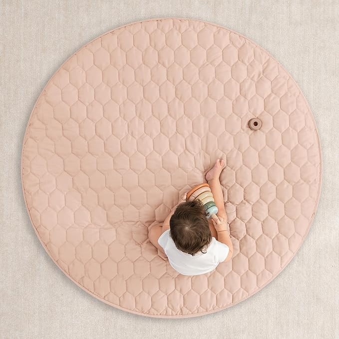 Comfy Cubs Round Kids Play Mat - Medium 48 inches Soft Quilted Baby Floor Mat with Non-Slip Bottom - Plush Design for Toddlers' Playtime and Relaxation - Comfortable and Durable - Blush