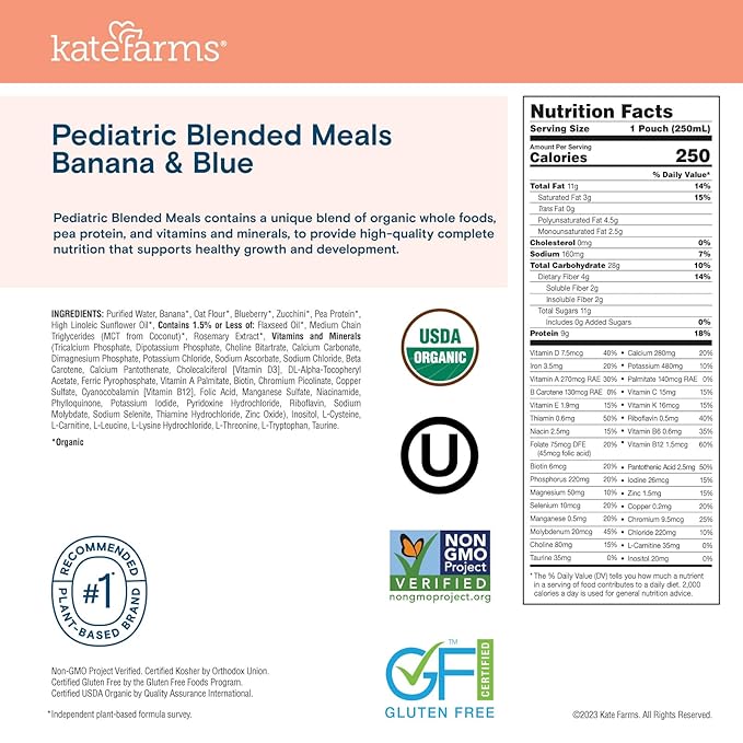 KATE FARMS Organic Pediatric Blended Meal, Bananas and Blueberries, 8g protein, organic whole foods, oral or tube feed nutrition, Gluten Free, Non-GMO, 8.45 oz (12 Pack)