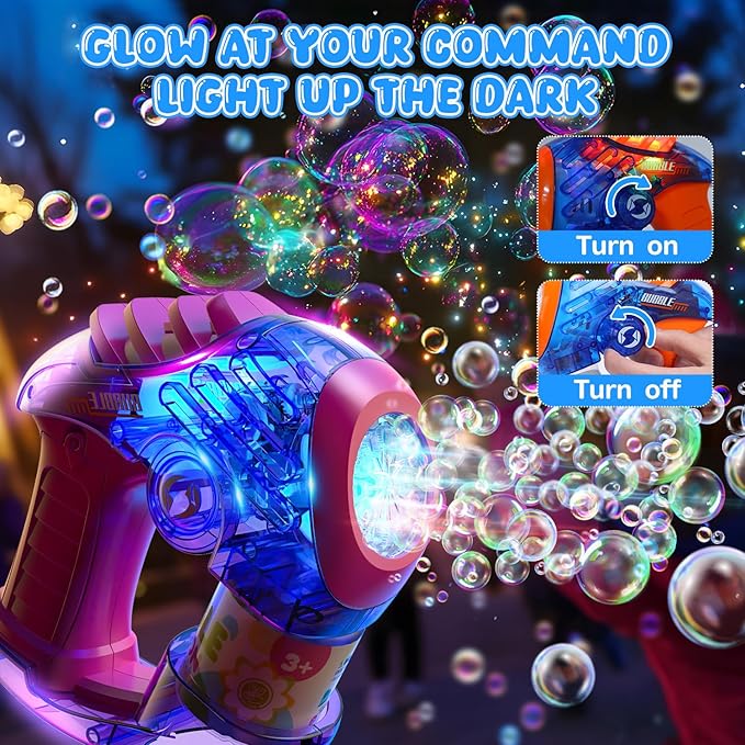 EagleStone 2 Bubble Guns for Toddlers, Kids Bubble Machine Gun, Twist Knob, LED Lights,2 Refill Solutions,10 Concentrate Bubble Blaster for Party Favor, Summer, Outdoor, Easter Basket, Birthday Gift