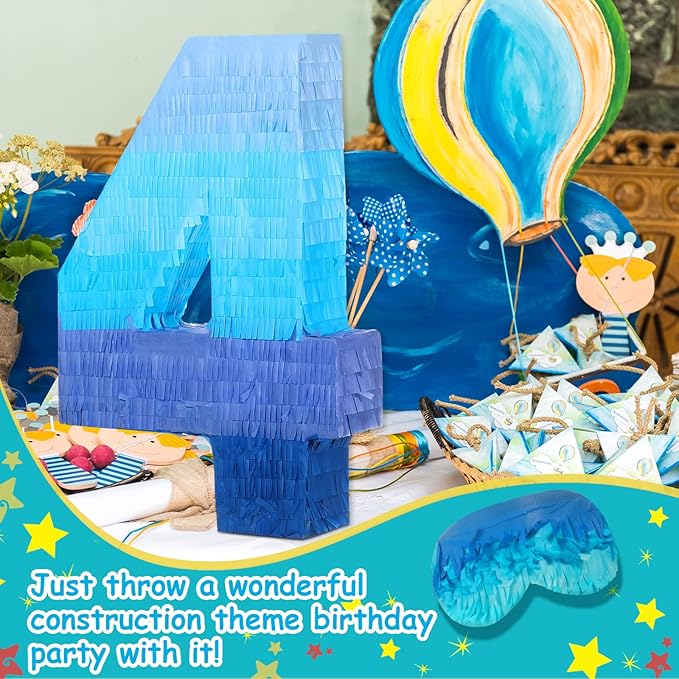 Sratte Number 1 2 3 4 5 6 7 8 9 Piñata with Stick Blindfold Confetti, Gradient Blue Piñata for Kids Boys Girls Birthday Party Anniversary Decorations Supplies(Number 4)
