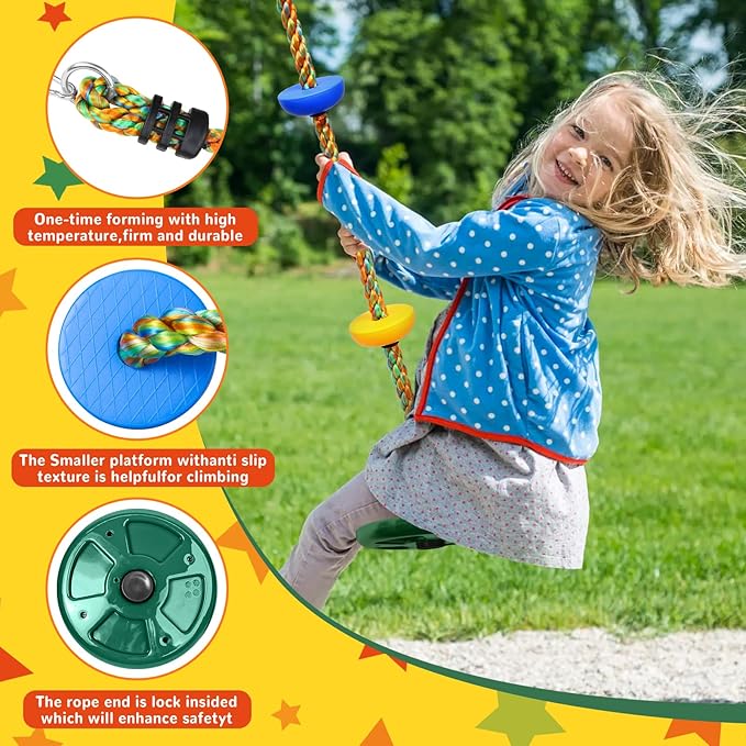 Tree Swing Climbing Rainbow Rope, Heavy Duty Swing Disc Seat Replacement for Kids with Hanging Strap and Platform Carabiners Indoor/Outdoor Playground Accessories (Green)