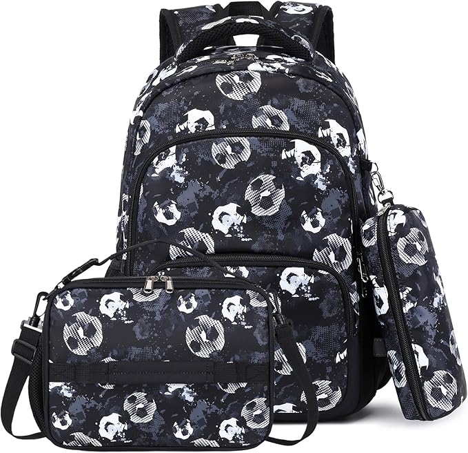 mygreen 3PCS Kids Backpack Set - Waterproof Bookbag with Lunch Box for Boys Ages 3-12, Adorable Cartoon Prints for School & Outdoor Use Black Soccer