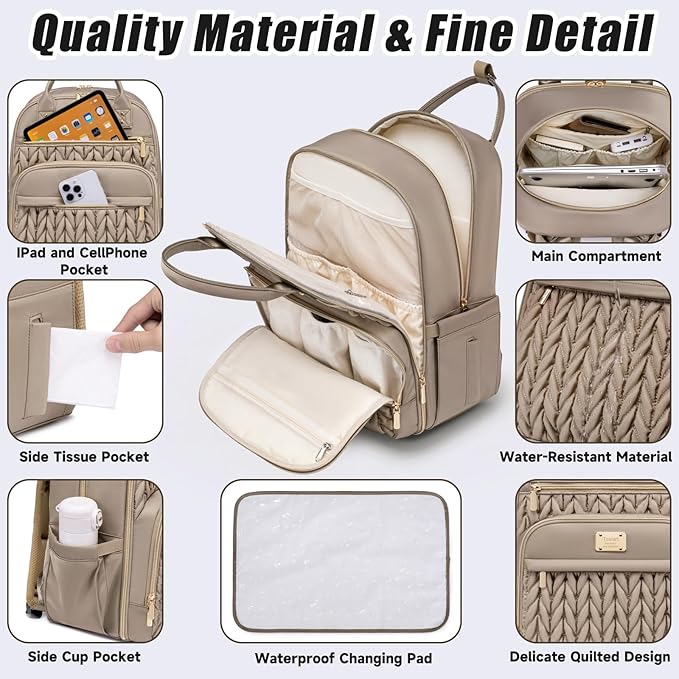 Diaper Bag Backpack,Stylish Baby Diaper Bag,Waterproof Travel Diaper Backpacks Baby Bags with Changing Pad,Stroller Straps,Insulated Pockets (Khaki)