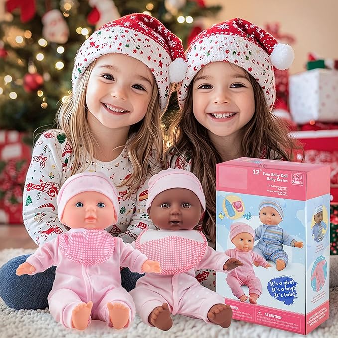 Toy Choi's Twin Baby Dolls - 12 inch Two Soft Body Black and White Doll with Accessoires, Dolls Play Set for 2 3 4 5 Year Old Boys and Girls Gift | Pink Outfit Doll Set