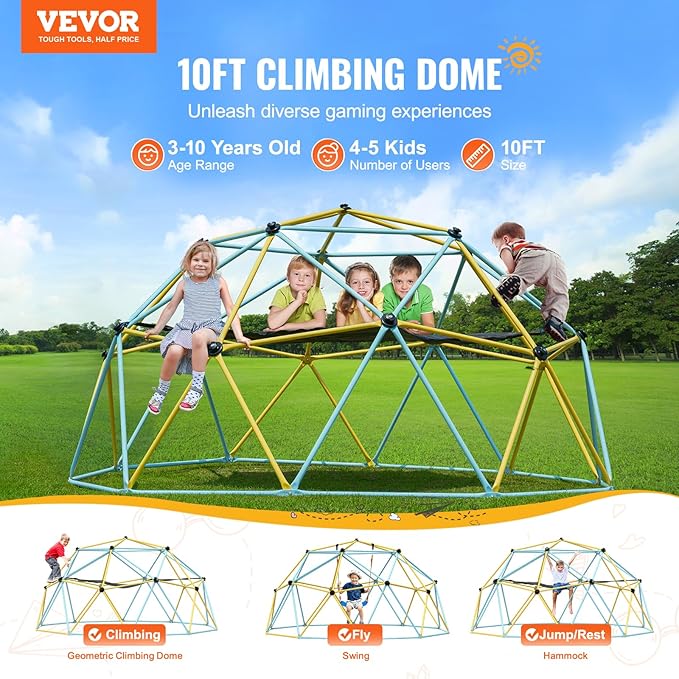 VEVOR Climbing Dome, 10FT Geometric Dome Climber with Hammock and Swing, Jungle Gym Supports 750LBS and Easy Assembly for Kids 3 to 10 Years Old, with Climbing Grip, Outdoor Backyard Play Equipment
