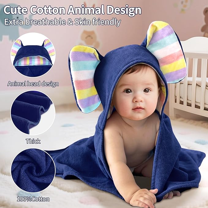 VOOVA & MOVAS Thick Baby Hooded Bath Towel - 100% Cotton,500GSM, 33x31.5 Inches,0-2Years, Super Absorbent Large Towel with Cute Elephant Ears Hood for Newborn, Baby, Infant, Navy