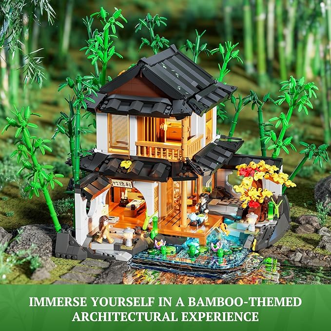Bamboo-House Lighting Building-Bricks Set - Retro Chinese Bamboo Cabin and Treehouse Collection LED Light Set 2432 Pcs for Adults and Retro House Building Collectors
