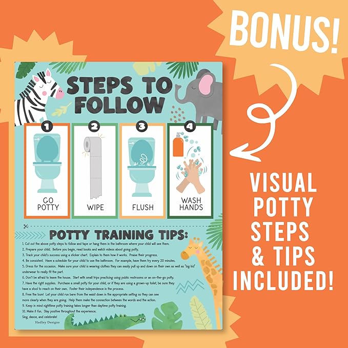 Hadley Designs Potty Training Chart for Toddlers Boys -10 Sticker Potty Chart for Toddlers Girls, 8.5x11" Potty Training Sticker Charts for Toilet Success, Safari Toddler Reward Chart for Kids