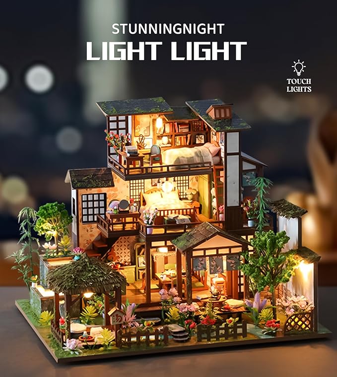 Spilay Miniature Dollhouse Miniature House Kit,DIY Kit Mini Modern Villa Model with Music Box ，Best Christmas Birthday Gift.(Bamboo Spring Courtyard)