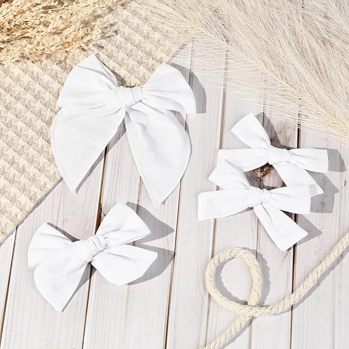 DEEKA 4 PCS White Cotton Linen Hair Bows 3 Styles 5" & 4" Handmade Hair Bow set for Toddler Girls Alligator Hair Clips Knot Bows Hair Accessories for Little School Girls (White)