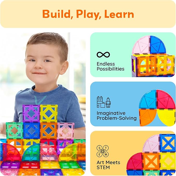 PicassoTiles Magnetic Building Block Quarter Round and Window Set Magnet Construction Toy Educational Kit Engineering STEM Learning Playset Child Brain Development Stacking Blocks Playboards