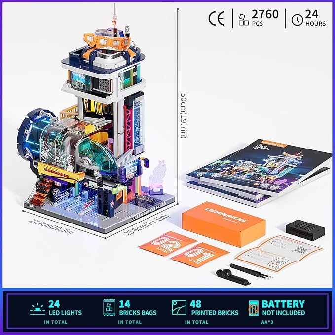 Cyberpunk Floating-Train-Station Lighting-Building-Bricks Set - Cyberpunk City Future Levitation Train Station Street View Collection LED Light Model 2760 Pcs for Adults and Sci-fi Lovers