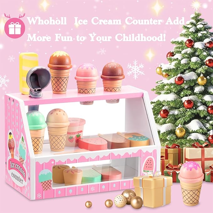 WHOHOLL Wooden Ice Cream Counter Playset for Toddler Girl Toys, Play Store Pretend Toy Food Play Kitchen Accessories with Fake Money & Coin, Gifts for 3+ Year-Old Kids (Pink)