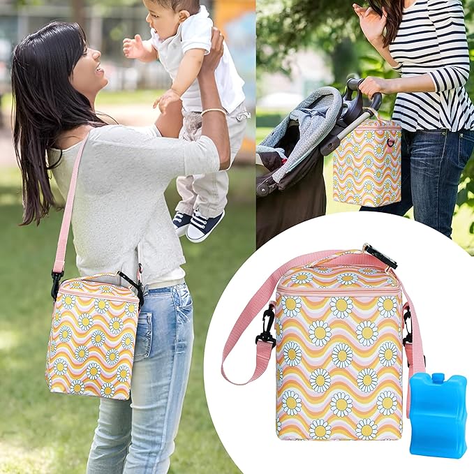 Breastmilk Cooler Bag with Ice Pack Fits 4 Baby Bottles Up to 9 Ounce Insulated Baby Bottle Bag Breast Milk Cooler on The Go with Strap Baby Bottle Cooler Bag for Nursing Mom Daycare or Travel