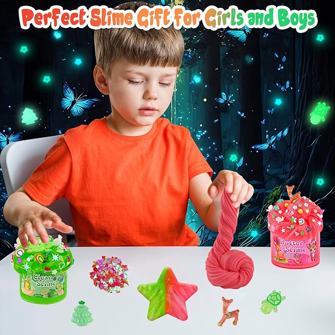LAWOHO 6 Packs Red & Green Slime for Kids- Clear, Butter, Cloud Slime Making Kit with Glow in The Dark Add-ins & Charms, Slimes Kit for Boys & Girls Party Favors, Birthday Halloween Christmas Easter