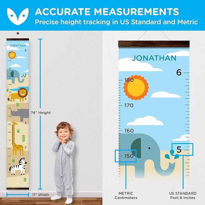 WISE OWL Personalized Growth Chart for Kids - Height Wall Chart for Boys with Peel & Stick Letters for Name - Hanging Canvas Wall Measurement Height Tracker for Baby Gift (Safari)