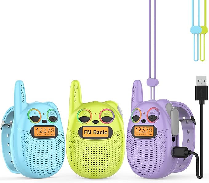 Qniglo Kids Walkie Talkies Rechargeable, Gifts for 3-12 Year Old Girls & Boys, Walkie Talkies with FM Radio, Adventure Camping Games, Best Christmas & Birthday Toys - 3 Pack