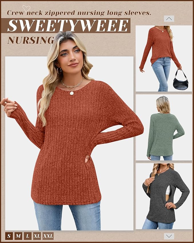 3 Pack Women's Nursing Long Sleeve Tops Breastfeeding Thermal Sweaters with Hidden Zipper Maternity Ribbed Shirts