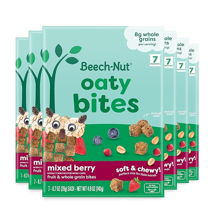 Beech-Nut Toddler Snacks, Oaty Bites with Fruit & Whole Grains, Mixed Berry Toddler Snack Bites for Toddlers 12 Months & Older, Pack of 6 Boxes (42 single-serve bags)