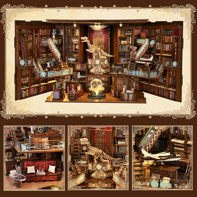 Book Nook Kit, DIY Miniature Dollhouse Booknook Kit, 3D Wooden Puzzle Bookend Bookshelf Insert Decor with LED Light for Teens and Adults (Beyond Library Max)