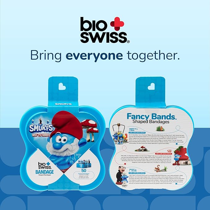 BioSwiss Bandages, The Smurfs in 3D Shaped Self Adhesive Bandage, Latex Free Sterile Wound Care, Fun First Aid Kit Supplies for Kids and Adults, 50 Count Plastic Case