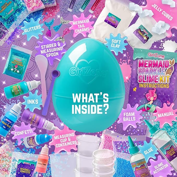 GirlZone Giant Mermaid Sparkle Egg Slime Kit - Large Multicolor Set - Glow-in-The-Dark & Glitter Add-Ins with Built-in Egg Mixing Bowl, Foam Balls & Mermaid Charms - Slime Kit for Girls Ages 8-12