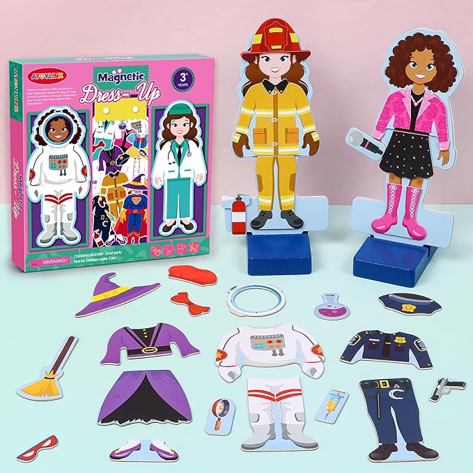 Atoylink Wooden Magnetic Dress up Dolls for Girls Pretend Play Set, Princess/Witch/Occupations Community Helpers Matching Games Fashion Paper Dolls for Toddlers Preschool Learning Toys Gifts