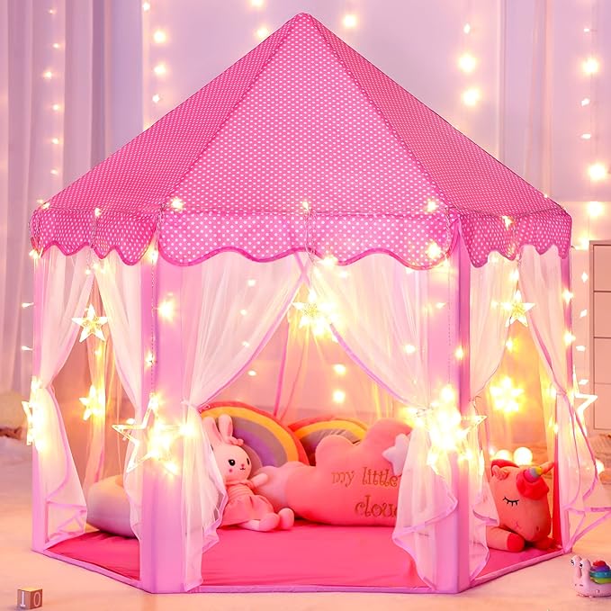 Princess Castle Tent for Girls Fairy Play Tents for Kids Hexagon Playhouse with Big Fairy Star Lights Toys for Children or Toddlers Indoor or Outdoor Games (Pink Princess Tent with Big Star Lights)